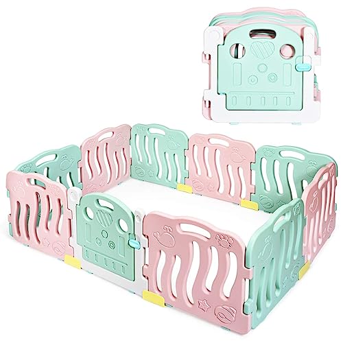 INFANS Baby Playpen, Kids Play Activity Center Yard for Toddlers, 10-Panel Safety Foldable Play Yard with Safety Lock, Adjustable Shape, Game Panel & Gate for Indoors or Outdoors (Green & Pink)