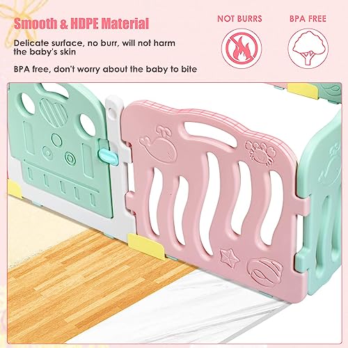 INFANS Baby Playpen, Kids Play Activity Center Yard for Toddlers, 10-Panel Safety Foldable Play Yard with Safety Lock, Adjustable Shape, Game Panel & Gate for Indoors or Outdoors (Green & Pink)