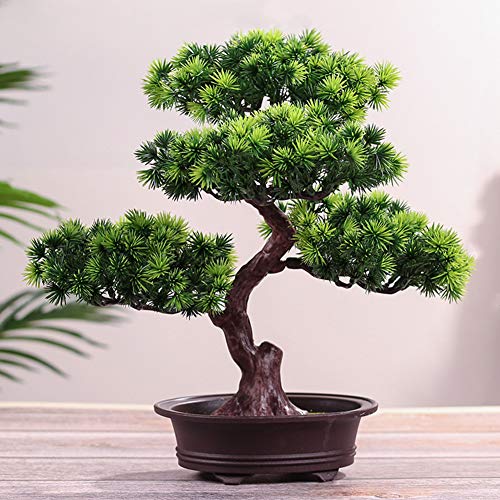 KOET Artificial Bonsai Pine Tree, 11Inch Faux Potted Plant Desk Display Fake Tree Pot Ornaments, Japanese Cedar Bonsai Plant for Home, Office Decoration