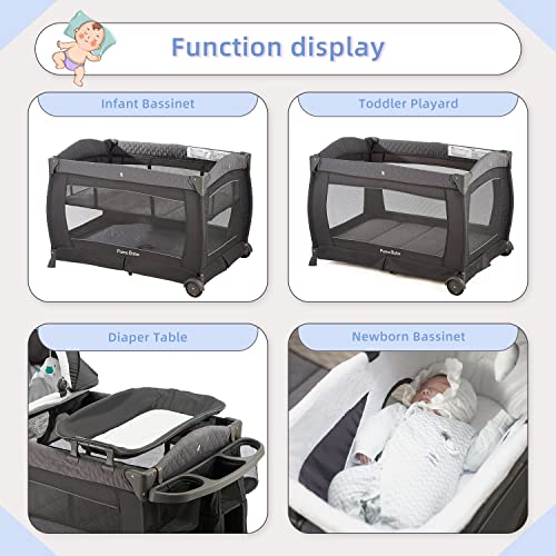 Pamo Babe Playard Deluxe Nursery Center, Foldable Playpen for Baby & Toddler, Bassinet, Mattress, Changing Table for Newborn (Grey)