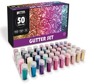 glitter shaker jars, variety box set of 50, multipurpose arts & crafts glitter, extra fine glitter & additional assorted shapes by better office products, glitter powder, non-toxic, glitter for slime