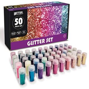 Glitter Shaker Jars, Variety Box Set of 50, Multipurpose Arts & Crafts Glitter, Extra Fine Glitter & Additional Assorted Shapes by Better Office Products, Glitter Powder, Non-Toxic, Glitter for Slime