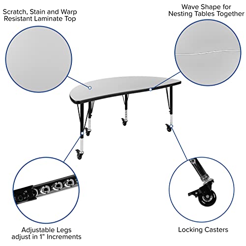 Flash Furniture Emmy 2 Piece Mobile 47.5" Circle Wave Flexible Grey Thermal Laminate Kids Adjustable Activity Table Set