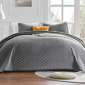 sleep zone 3-piece lightweight reversible quilt set - full/queen size - soft microfiber coverlet set for all season (grey diamond pattern), full/queen (90x96 inch | 2 pillow shams)