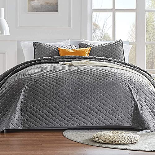 SLEEP ZONE 3-Piece Lightweight Reversible Quilt Set - Full/Queen Size - Soft Microfiber Coverlet Set for All Season (Grey Diamond Pattern), Full/Queen (90x96 inch | 2 Pillow Shams)