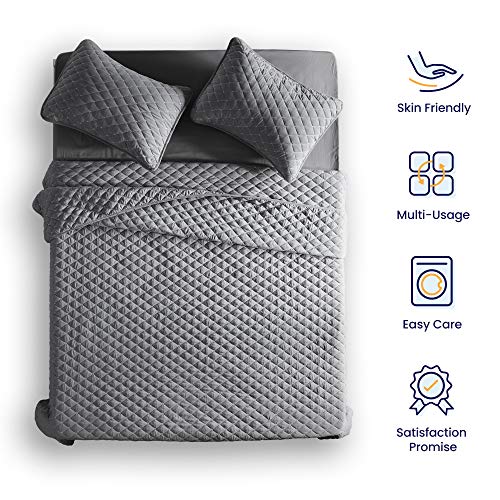 SLEEP ZONE 3-Piece Lightweight Reversible Quilt Set - Full/Queen Size - Soft Microfiber Coverlet Set for All Season (Grey Diamond Pattern), Full/Queen (90x96 inch | 2 Pillow Shams)