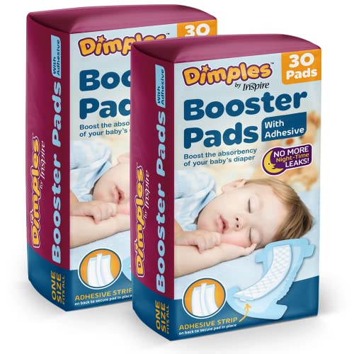 Inspire Dimples Booster Pads, Baby Diaper Doubler with Adhesive - 1 Size Fits All Diapers - Boosts Diaper Absorbency - No More leaks 60 Count (with Adhesive for Secure Fit)