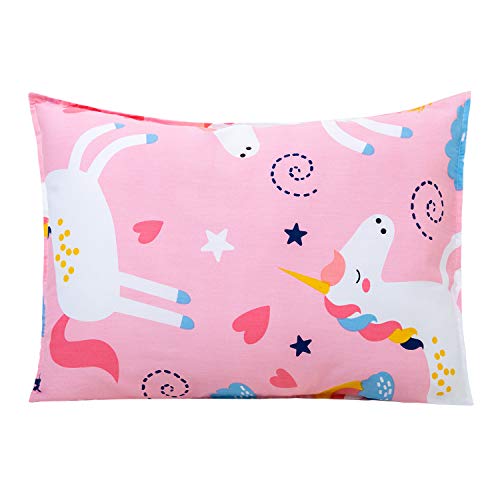 Toddler Pillow with Organic Cotton Pillowcase Set 14x19, Pink Unicorn Kids Pillows for Sleeping, Girls Breathable Pillow with Pillow Cover for Kids Sleeping, Machine Washable