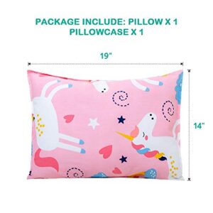 Toddler Pillow with Organic Cotton Pillowcase Set 14x19, Pink Unicorn Kids Pillows for Sleeping, Girls Breathable Pillow with Pillow Cover for Kids Sleeping, Machine Washable