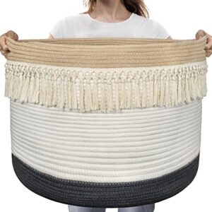 aels xxxlarge 22"x22"x15" rope boho basket woven baby laundry basket for blankets toys storage basket with handle comforter cushions storage bins thread laundry hamper-brown white gray 93 liters