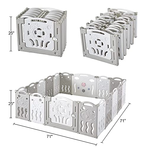 Albott Baby Fence Kid Playpen 18 Panel Play Yard - Foldable Kids Safety Activity Center Playard Lock Gate,Adjustable Shape, Portable Design for Indoor Outdoor Use (18 Panel, Grey+White)