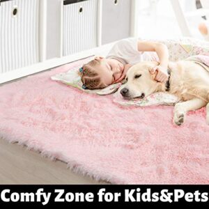 Pink Area Rug for Girls Bedroom,Fluffy Shag 4'X6' Living Room,Furry Carpet Kids Room,Shaggy Throw Nursery Room,Fuzzy Plush Dorm,Pink Carpet,Cute Room Decor Baby