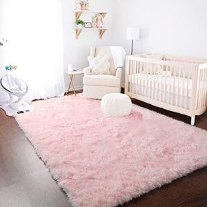 Pink Area Rug for Girls Bedroom,Fluffy Shag 4'X6' Living Room,Furry Carpet Kids Room,Shaggy Throw Nursery Room,Fuzzy Plush Dorm,Pink Carpet,Cute Room Decor Baby