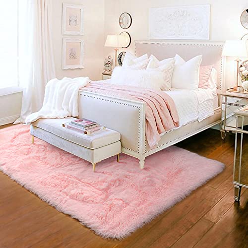 Pink Area Rug for Girls Bedroom,Fluffy Shag 4'X6' Living Room,Furry Carpet Kids Room,Shaggy Throw Nursery Room,Fuzzy Plush Dorm,Pink Carpet,Cute Room Decor Baby