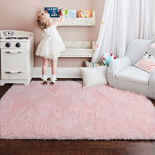 Pink Area Rug for Girls Bedroom,Fluffy Shag 4'X6' Living Room,Furry Carpet Kids Room,Shaggy Throw Nursery Room,Fuzzy Plush Dorm,Pink Carpet,Cute Room Decor Baby