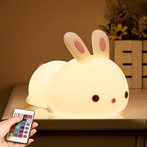 mubarek bunny night light for kids, remote timer kids night light baby night light, 16 color changing cute night light lamp, rechargeable silicone cute stuff nursery lamp, night lights for kids room