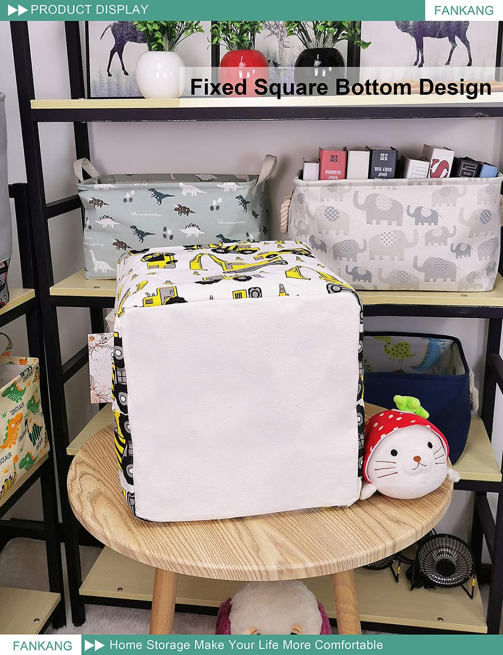 FANKANG Square Nursery Hamper Storage Bins Canvas Laundry Basket Foldable with Waterproof PE Coating Large Storage Baskets Gift Baskets for Children, Office, Bedroom, Clothes,Toys (square engineering)