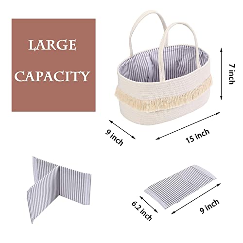 Mecaly Baby Diaper Caddy Organizer, Large Cotton Rope Diaper Basket for Baby Shower Gifts, Portable Nursery Storage Bin with 2 Inner Pockets and Removable Inserts for Changing Table &Car (Beige)