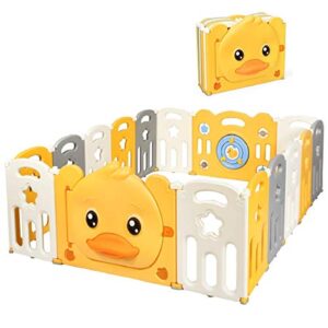 costzon baby playpen, 16-panel portable baby play yards with yellow duck pattern, door with safety lock, indoor outdoor foldable baby fence with non-slip rubber bases & rubber suction cups (16 panel)