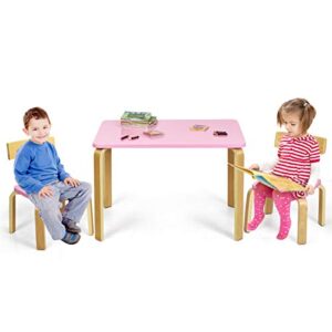 Costzon Kids Table and Chair Set, Wood Table and Chairs for Toddlers Reading, Arts, Crafts, Homework, Snack Time, 3 Piece Furniture for Playroom Home School Classroom, Childrens Table and Chair, Pink