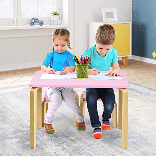 Costzon Kids Table and Chair Set, Wood Table and Chairs for Toddlers Reading, Arts, Crafts, Homework, Snack Time, 3 Piece Furniture for Playroom Home School Classroom, Childrens Table and Chair, Pink