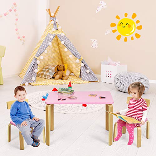 Costzon Kids Table and Chair Set, Wood Table and Chairs for Toddlers Reading, Arts, Crafts, Homework, Snack Time, 3 Piece Furniture for Playroom Home School Classroom, Childrens Table and Chair, Pink