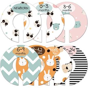 baby closet size dividers, cute animal nursery clothes organizer, baby closet dividers from newborn infant to 24 months, baby shower set for boys and girls, 7 pack.