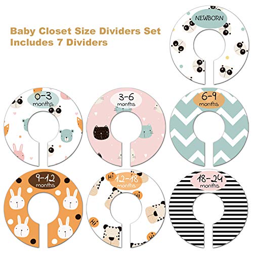 Baby Closet Size Dividers, Cute Animal Nursery Clothes Organizer, Baby Closet Dividers from Newborn Infant to 24 Months, Baby Shower Set for Boys and Girls, 7 Pack.