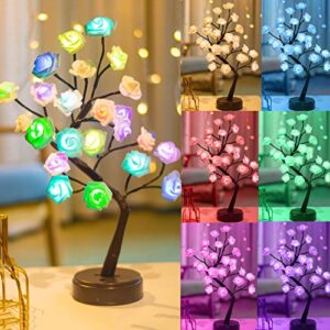 18 colors rose lamp, color changing light up rose tree lamp, girls gift for mother’s day, colorful tabletop artificial flower bonsai tree lights for valentine's day christmas bedroom wedding decor