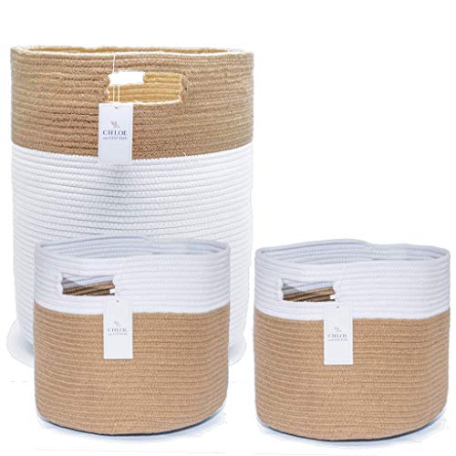 Chloe and Cotton Woven Coiled Rope Storage Baskets XL 19 x 16 inch and Set of 2 Cubby Baskets Jute White Handles | Decorative Laundry Clothes Hamper, Blanket, Towel, Baby Nursery Bin Cute Organizer