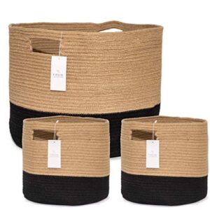 chloe and cotton woven coiled rope storage baskets xxxl 15 x 21 inch and set of 2 cubby baskets jute black handles | decorative laundry clothes hamper, blanket, towel, baby nursery bin cute organizer