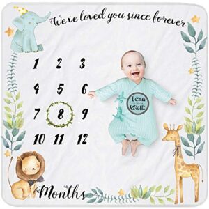 yoothy safari baby monthly milestone blanket for boy and girl, gift for baby shower, baby photo blanket for pictures, wreath &12 stickers included, soft flannel blanket, elephant, lion 40''x 40''