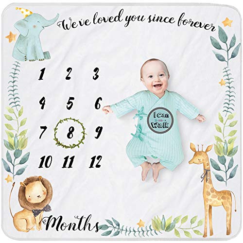 Yoothy Safari Baby Monthly Milestone Blanket for Boy and Girl, Gift for Baby Shower, Baby Photo Blanket for Pictures, Wreath &12 Stickers Included, Soft Flannel Blanket, Elephant, Lion 40''x 40''