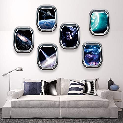 6 Pieces 3D Space Capsule Window Wall Decal Outer Space Wall Stickers Spacecraft Astronaut Wall Mural Poster for Kids Nursery Bedroom Home Decoration, 11 x 15 Inches