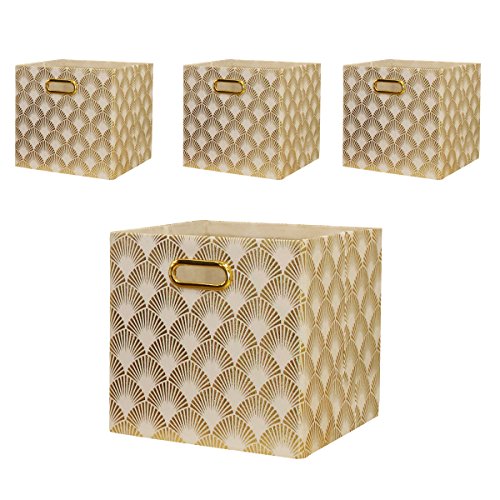 BAIST Cube Storage Organizer Foldable Storage Cubes Bins Fabric Storage Box 13 x 13 Cubby Storage Bins with Handles for Closet, Cloth, Food, Kids, Dog, Bathroom, Toy, Office, Shelf (4-Pack, Fan Gold)