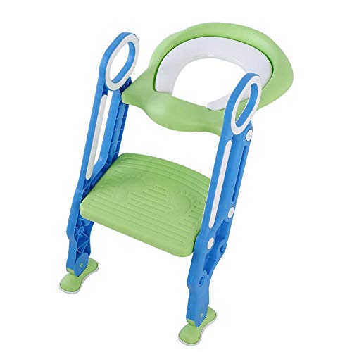 Toilet Training Seat, Adjustable Baby Safety Potty Training Seat Chair Foldable Kids Toilet Potty Trainer with Step Stool Ladder and Soft Cushion for Toddler Child Baby Boys Girls(Blue Green)