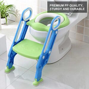 Toilet Training Seat, Adjustable Baby Safety Potty Training Seat Chair Foldable Kids Toilet Potty Trainer with Step Stool Ladder and Soft Cushion for Toddler Child Baby Boys Girls(Blue Green)