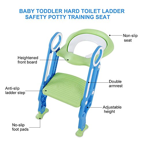 Toilet Training Seat, Adjustable Baby Safety Potty Training Seat Chair Foldable Kids Toilet Potty Trainer with Step Stool Ladder and Soft Cushion for Toddler Child Baby Boys Girls(Blue Green)