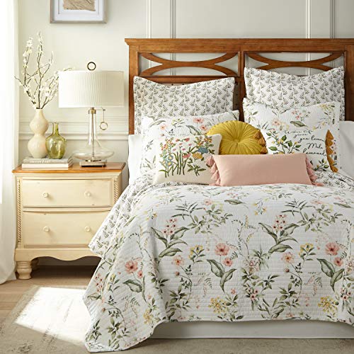 Levtex Home - Viviana Quilt Set - King Quilt + Two King Pillow Shams - Botanical Floral - Coral, Green, Yellow, Cream - Quilt (106x92in.) and Pillow Shams (36x20in.) - Reversible - Cotton