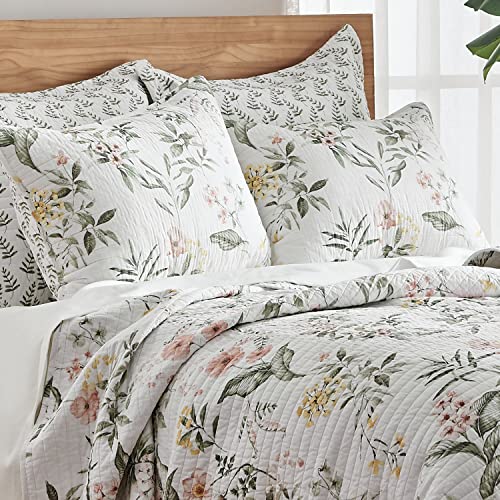 Levtex Home - Viviana Quilt Set - King Quilt + Two King Pillow Shams - Botanical Floral - Coral, Green, Yellow, Cream - Quilt (106x92in.) and Pillow Shams (36x20in.) - Reversible - Cotton