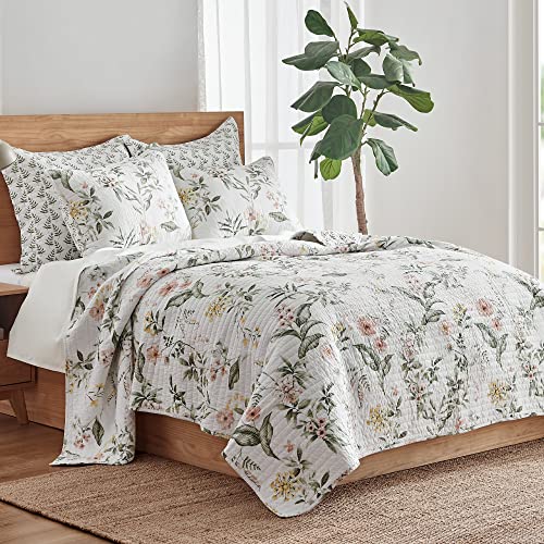 Levtex Home - Viviana Quilt Set - King Quilt + Two King Pillow Shams - Botanical Floral - Coral, Green, Yellow, Cream - Quilt (106x92in.) and Pillow Shams (36x20in.) - Reversible - Cotton