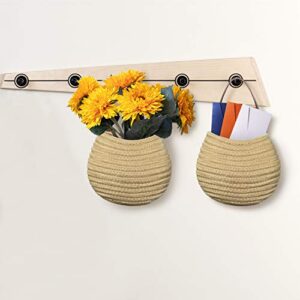 Jute Woven Hanging Storage Baskets, 2pack Wall Hanging Basket Organizer for Plants, Key, Sunglasses, Wallet on Door, Small Woven Baskets for Storage, Rope Woven Baskets for Baby Nursery Kids Gift