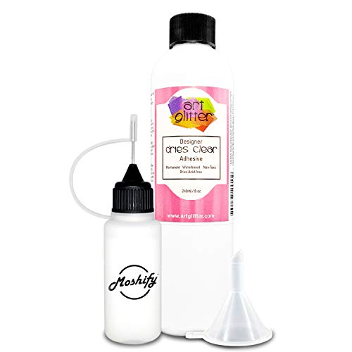 Art Glitter Glue - Designer Dries Clear Adhesive - 8oz Refill Bundled with Moshify 20mL Applicator Bottle and Funnel