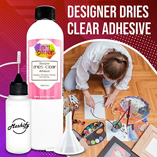 Art Glitter Glue - Designer Dries Clear Adhesive - 8oz Refill Bundled with Moshify 20mL Applicator Bottle and Funnel