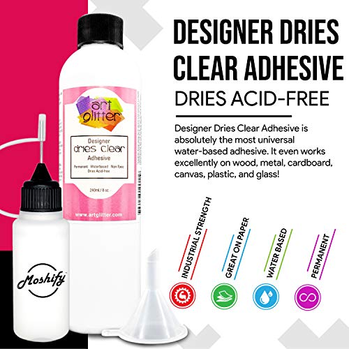 Art Glitter Glue - Designer Dries Clear Adhesive - 8oz Refill Bundled with Moshify 20mL Applicator Bottle and Funnel