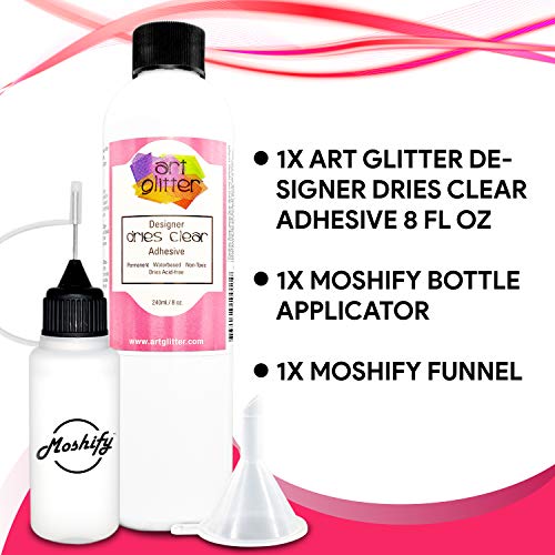 Art Glitter Glue - Designer Dries Clear Adhesive - 8oz Refill Bundled with Moshify 20mL Applicator Bottle and Funnel