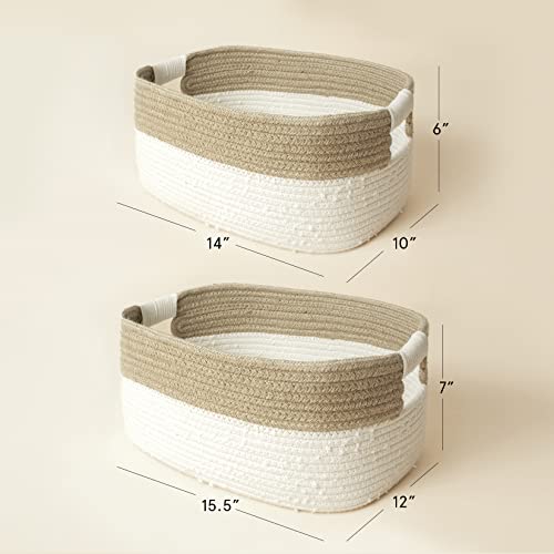 LA JOLIE MUSE Rectangle Storage Baskets Set of 2, Natural Soft Cotton and Jute Rope Baskets for Baby Nursery Kids Toys, Decorative Baskets for Organizing