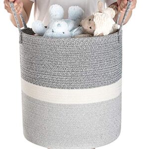 large woven storage basket for living room blanket, laundry clothes or kids toys - decorative cotton rope basket - playroom storage tote bins - tall round baskets for organization 16"d x 18"h