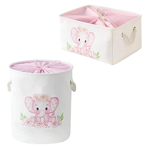 INough 2 Pack Laundry Baskets Pink Hamper Elephant Basket for Kids, Baby Laundry Basket,Large Collapsible Laundry Hamper with Handles Waterproof Round Linen Storage Basket for Toddler