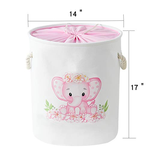 INough 2 Pack Laundry Baskets Pink Hamper Elephant Basket for Kids, Baby Laundry Basket,Large Collapsible Laundry Hamper with Handles Waterproof Round Linen Storage Basket for Toddler